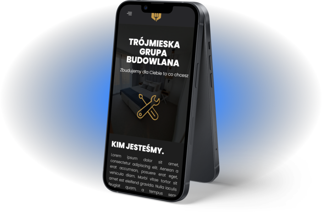 Dwa Iphone'y umieszczone obok siebie, na ekranie widoczny projekt strony internetowej w kolorach czarno-zółtych