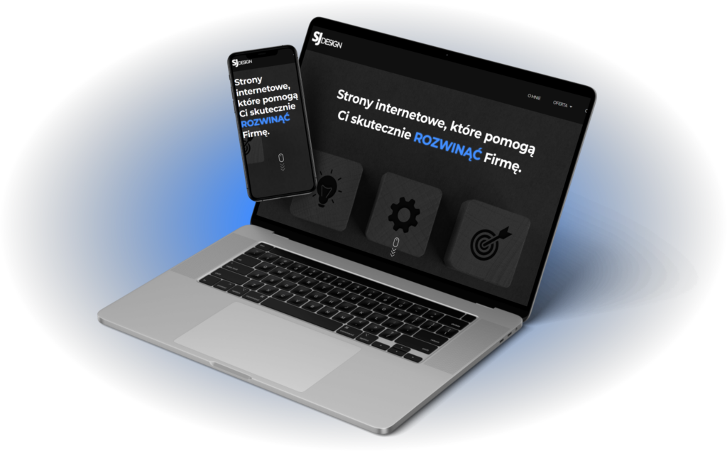 Dwa MacBooki umieszczone obok siebie, na ekranie widoczny projekt strony internetowej w kolorach niebiesko-czarnych