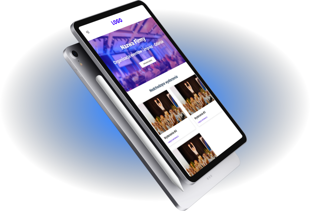 Dwa Ipad'y umieszczone obok siebie, na ekranie widoczny projekt strony internetowej w kolorach fioletowo-białych